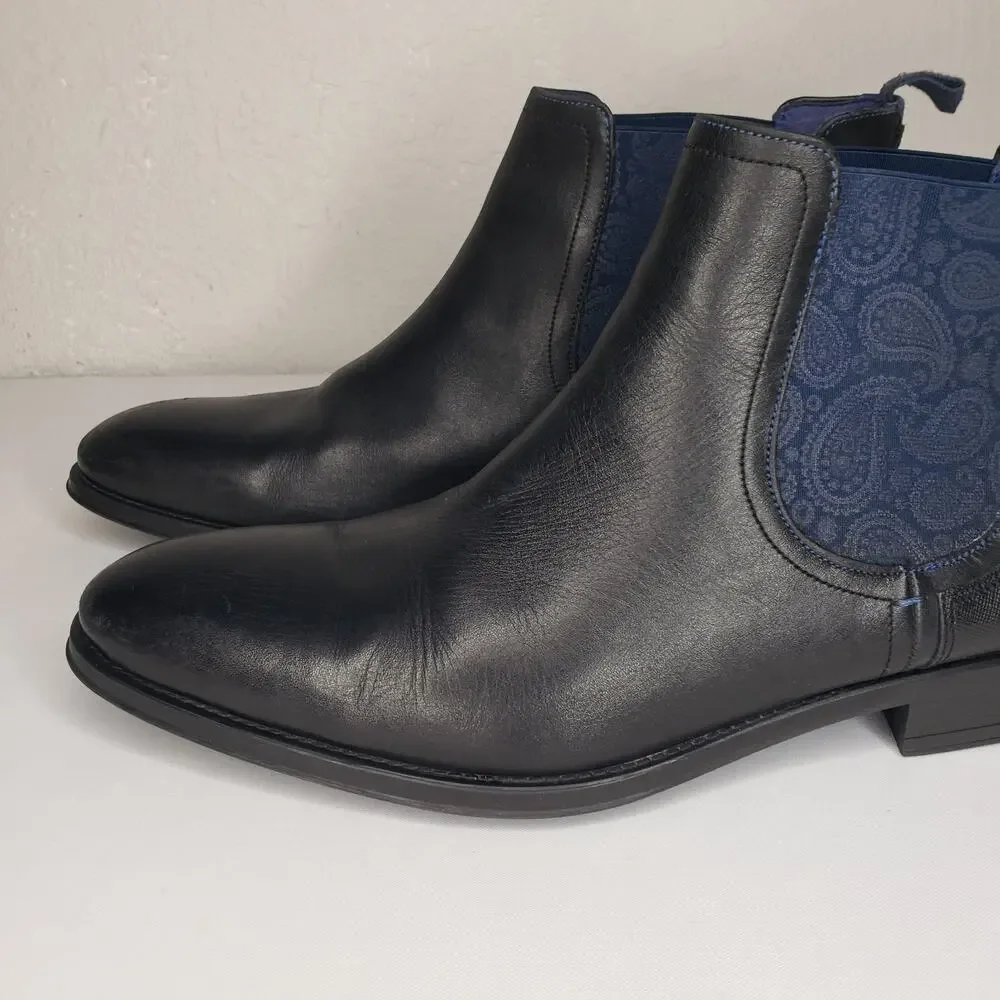 Ted Baker London Black Leather Chelsea Boots with Navy Elastic Panels